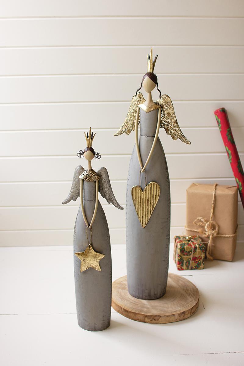 SET OF TWO GOLD & GREY CHRISTMAS ANGELS HOLDING HEART & STAR