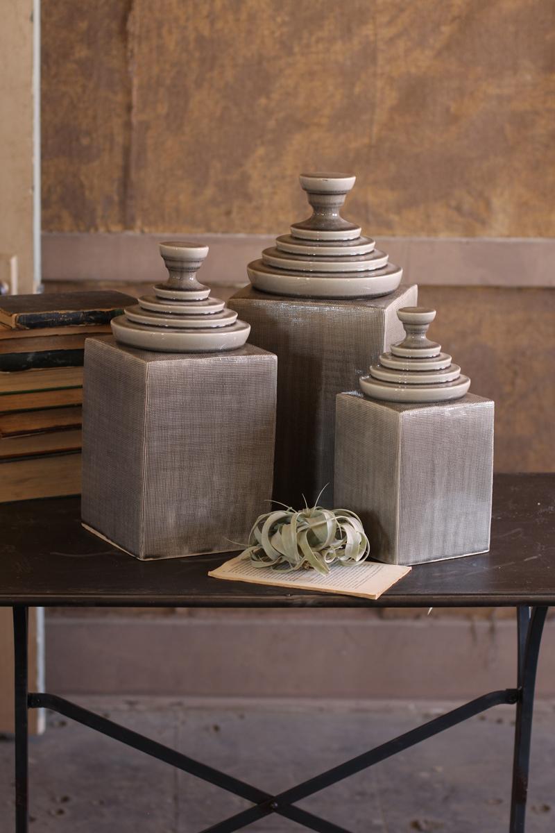 SET OF THREE GREY TEXTURED CERAMIC CANISTERS W PYRAMID TOPS
