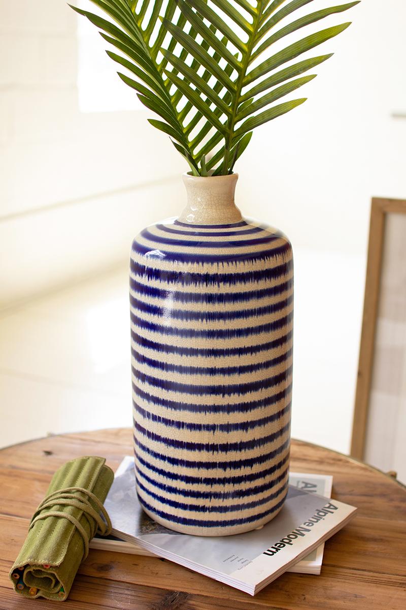 LARGE CERAMIC BLUE AND WHITE STRIPED BOTTLE