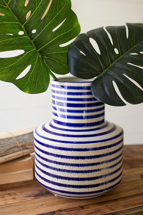 BLUE AND WHITE STRIPED CERAMIC VESSEL - LARGE