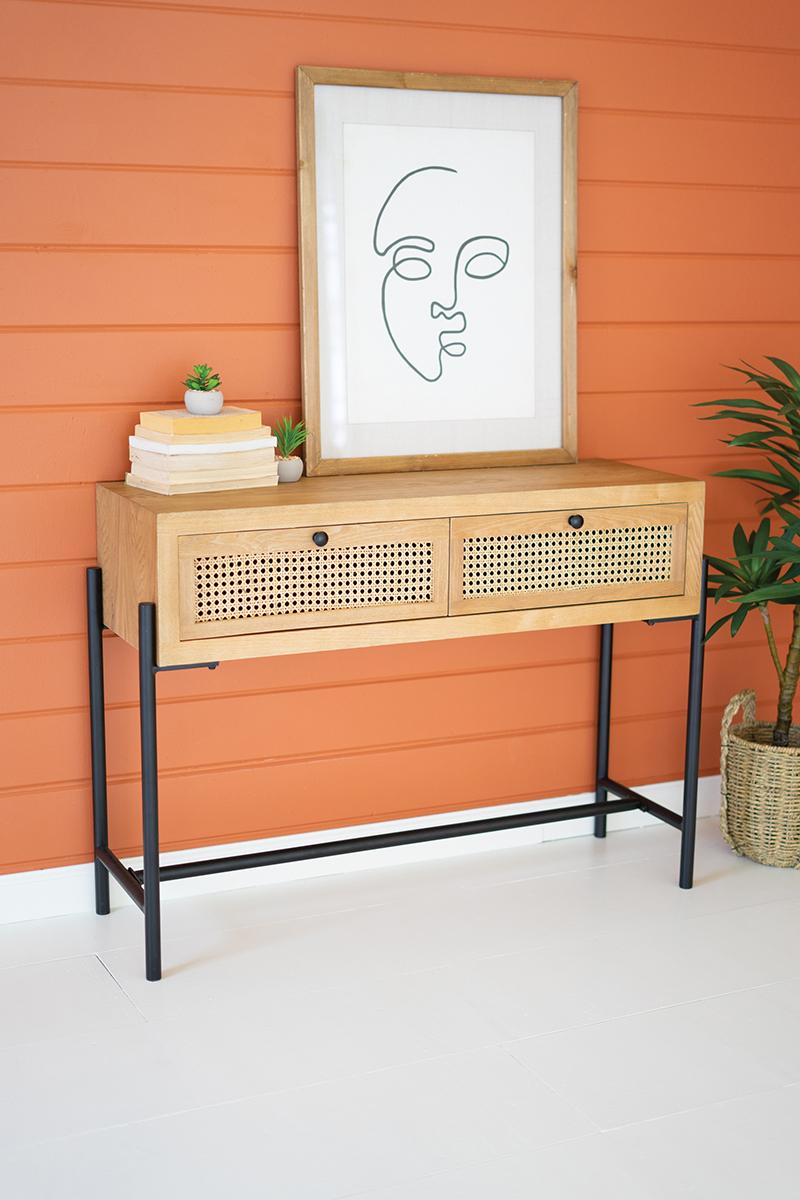 WOOD CONSOLE WITH WOVEN CANE DRAWERS