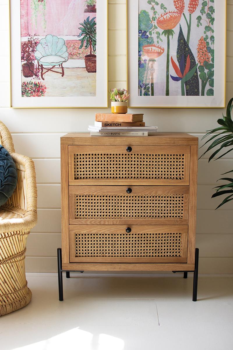 WOOD BEDSIDE TABLE WITH THREE WOVEN CANE DRAWERS