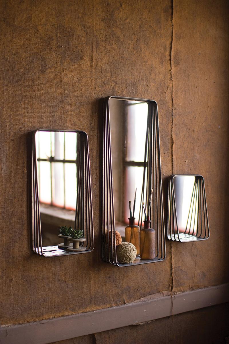 SET OF THREE TALL METAL FRAMED MIRRORS WITH SHELVES