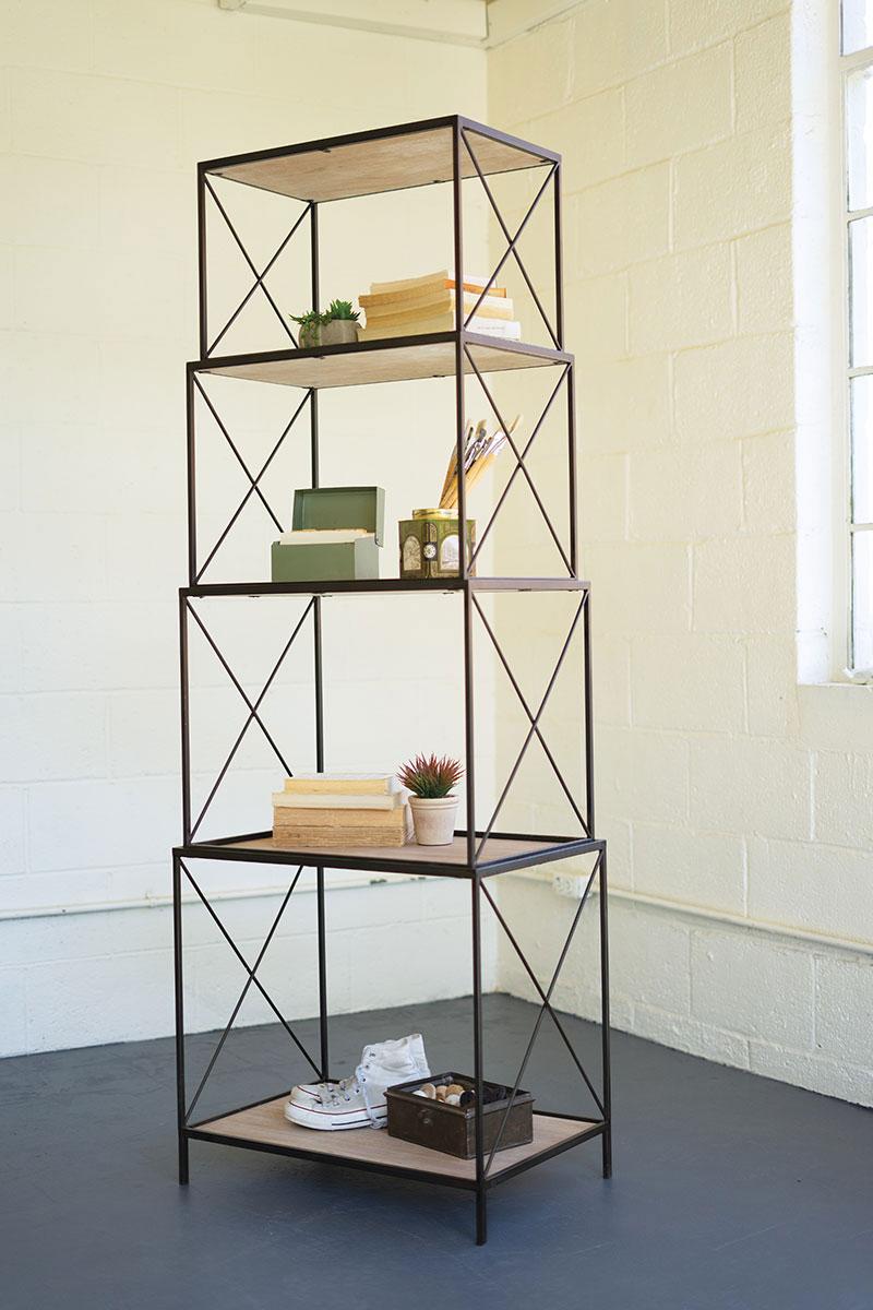 STACKABLE FOUR TIERED METAL AND WOOD SHELVING UNIT