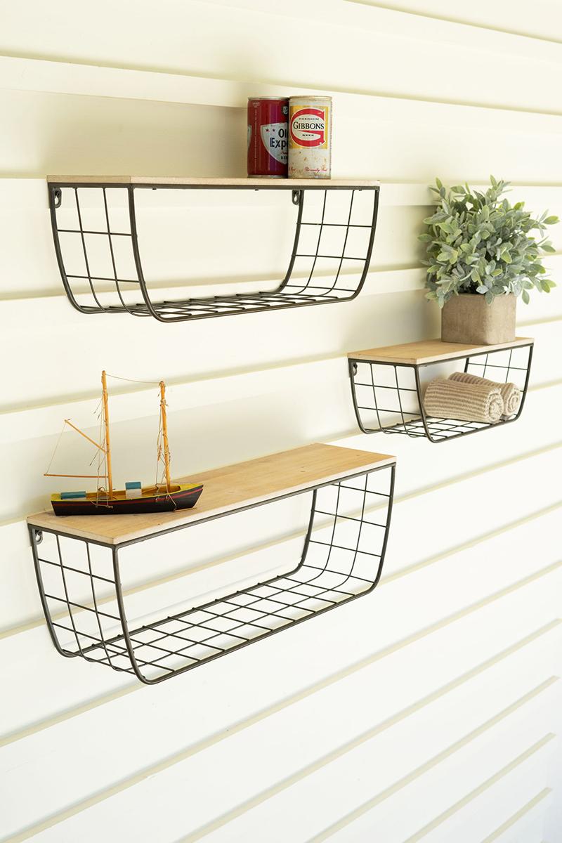 SET OF THREE WIRE AND WOOD WALL SHELVES
