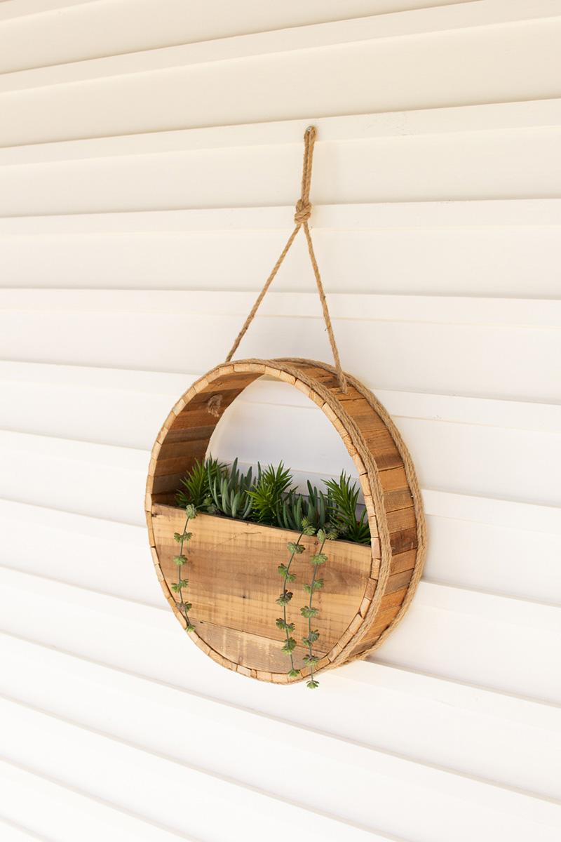 ROUND RECYCLED WOOD WALL PLANTER WITH ROPE HANGER