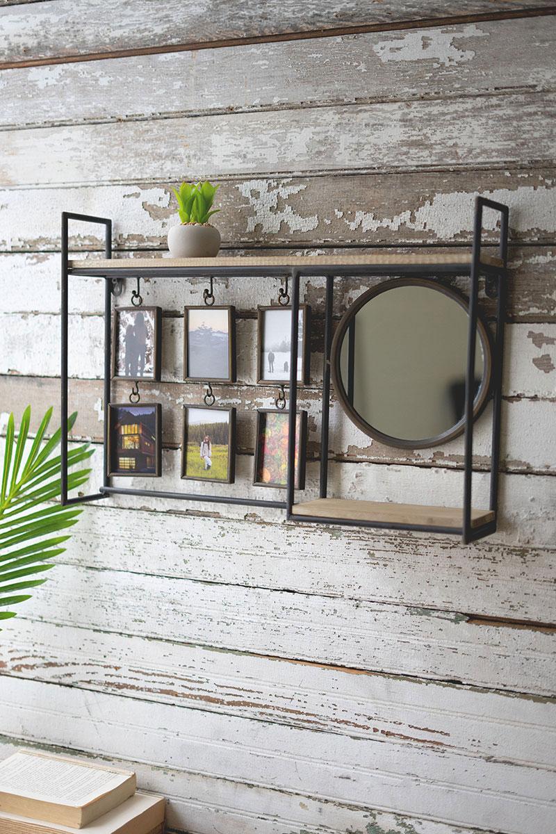 WALL SHELF WITH MIRROR AND SIX PHOTO FRAMES