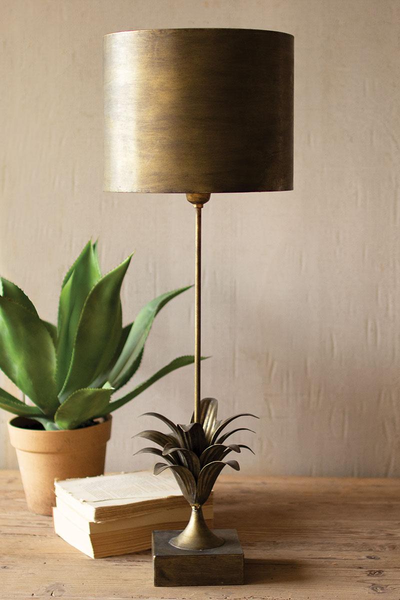 ANTIQUE GOLD METAL TABLE LAMP W LEAF ACCENT AND METAL SHADE