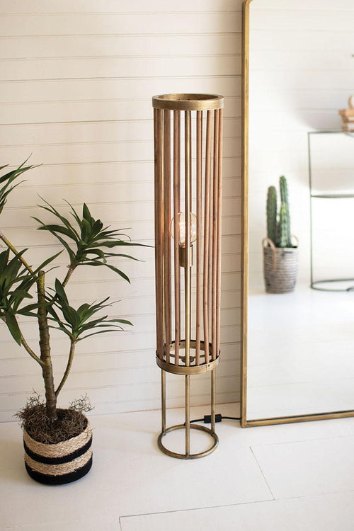 ROUND BRASS AND WOOD CYLINDER TABLE LAMP
