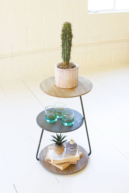 THREE TIERED WOOD AND METAL ACCENT TABLE