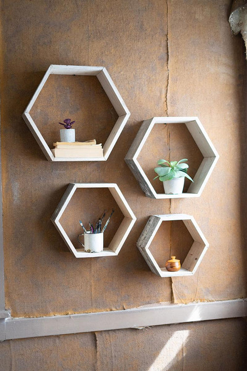 SET OF FOUR RECYCLED WOOD HEXAGON WALL SHELVES - WHITEWASH