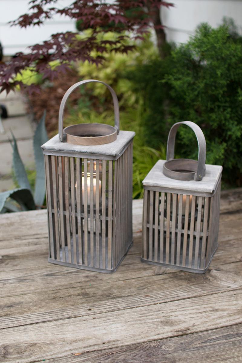 SET OF TWO SQUARE BAMBOO LANTERNS WITH GLASS - GREY
