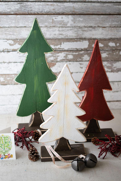 SET OF THREE PAINTED WOODEN CHRISTMAS TREES - ONE EA COLOR