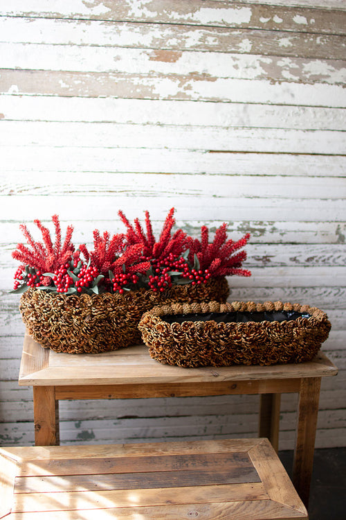 SET OF TWO LOW OVAL PINECONE PLANTERS