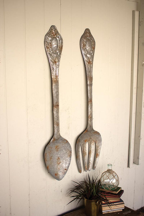 SET OF TWO LARGE METAL FORK AND SPOON WALL DECOR