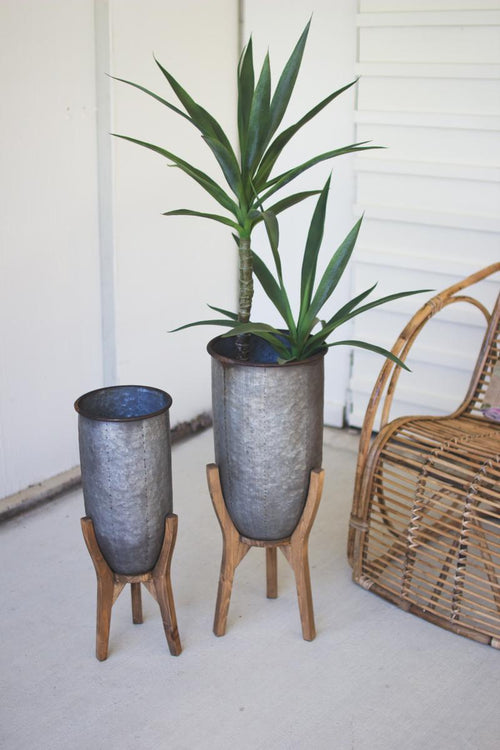 SET OF TWO GALVANIZED URNS ON WOOD BASES #1