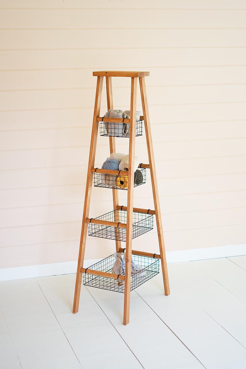 WOODEN LADDER WITH WIRE BASKETS DISPLAY