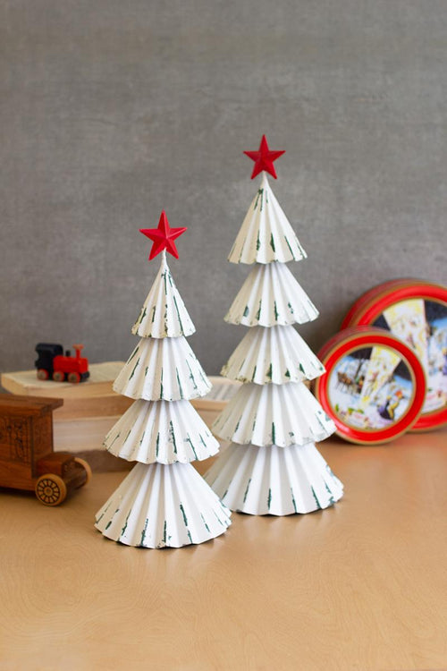 SET OF TWO WHITE PAINTED METAL CHRISTMAS TREES W RED STAR