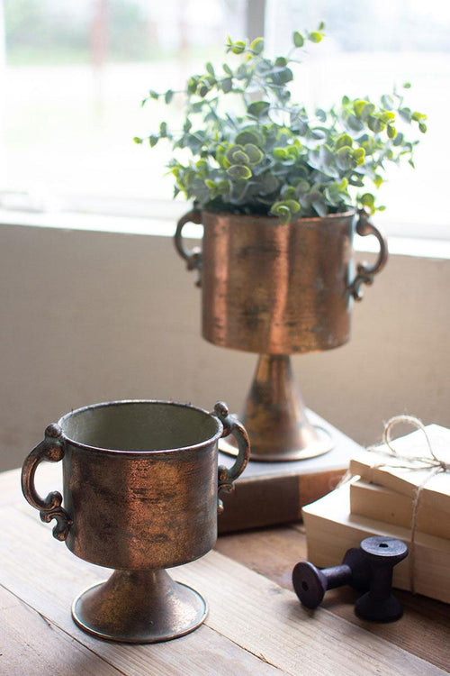 SET OF TWO ANTIQUE COPPER FINISH PLANTERS WITH HANDLES