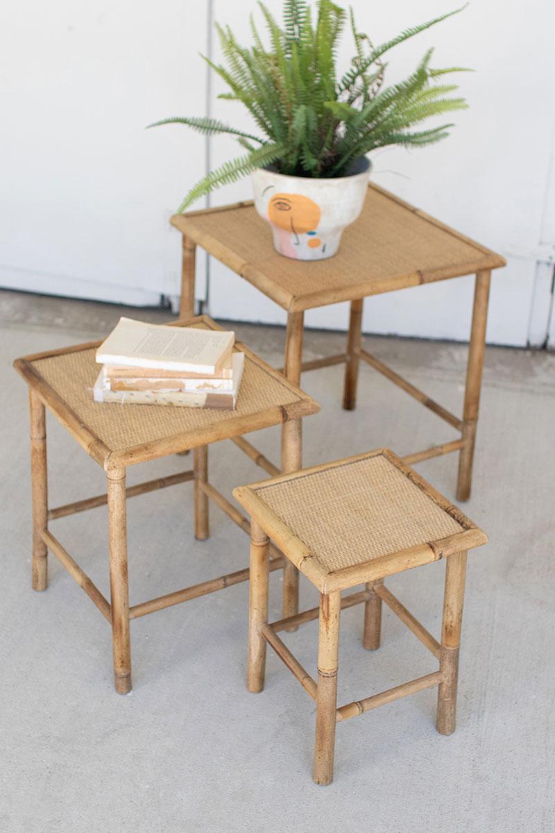 SET OF THREE SQUARE NESTING BAMBOO TABLES