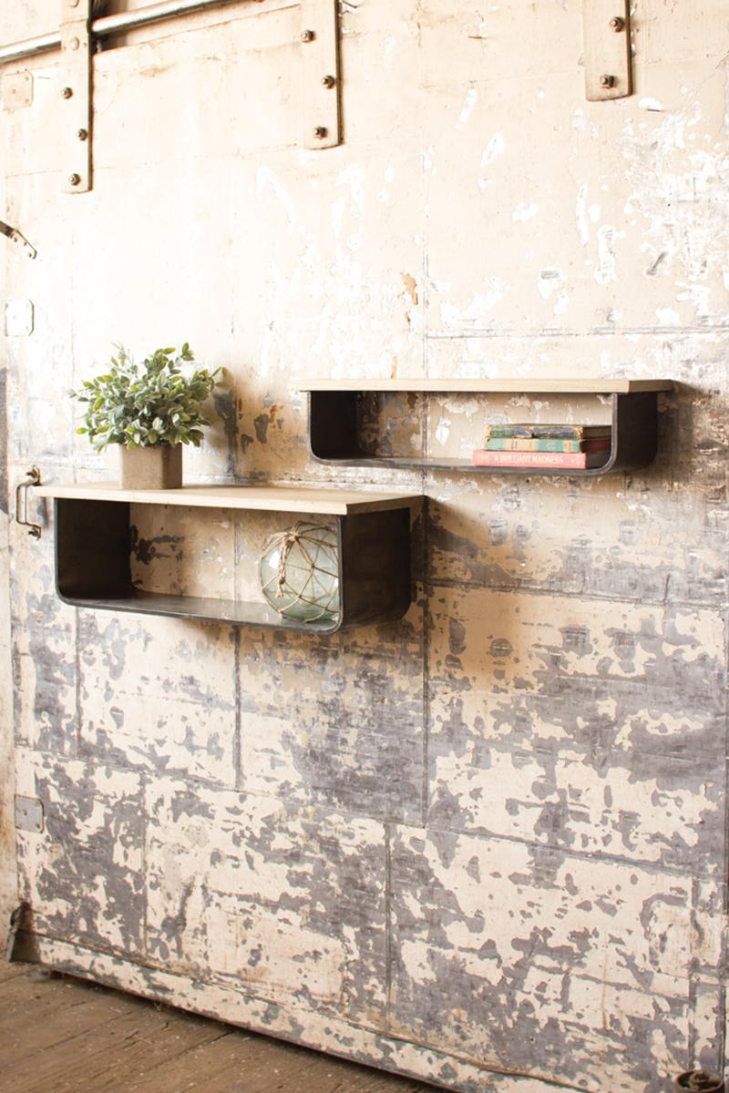 SET OF TWO METAL AND WOOD SHELVES