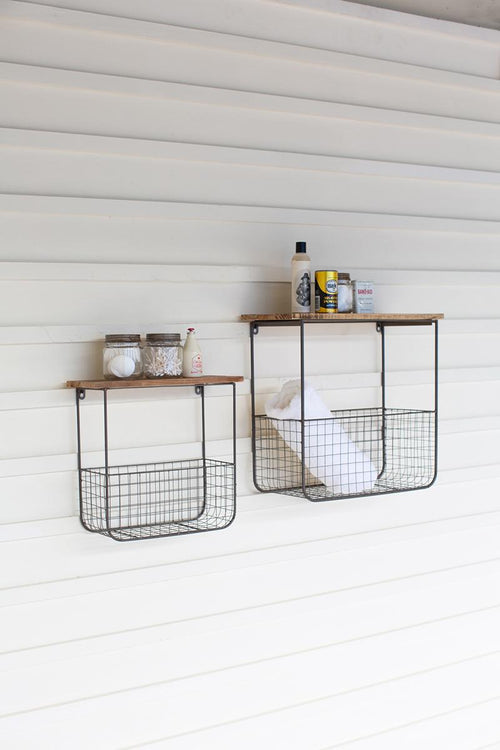 SET OF TWO WIRE BASKET SHELVES WITH RECYCLED WOOD TOPS