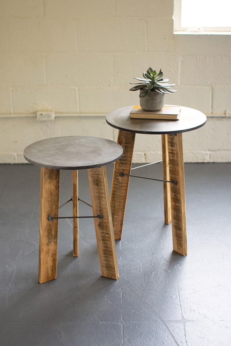 SET OF 2 ROUND SIDE TABLES W METAL TOP & RECYC WOODEN LEGS