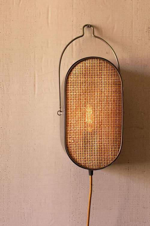 OVAL METAL WALL LIGHT WITH RATTAN DETAIL