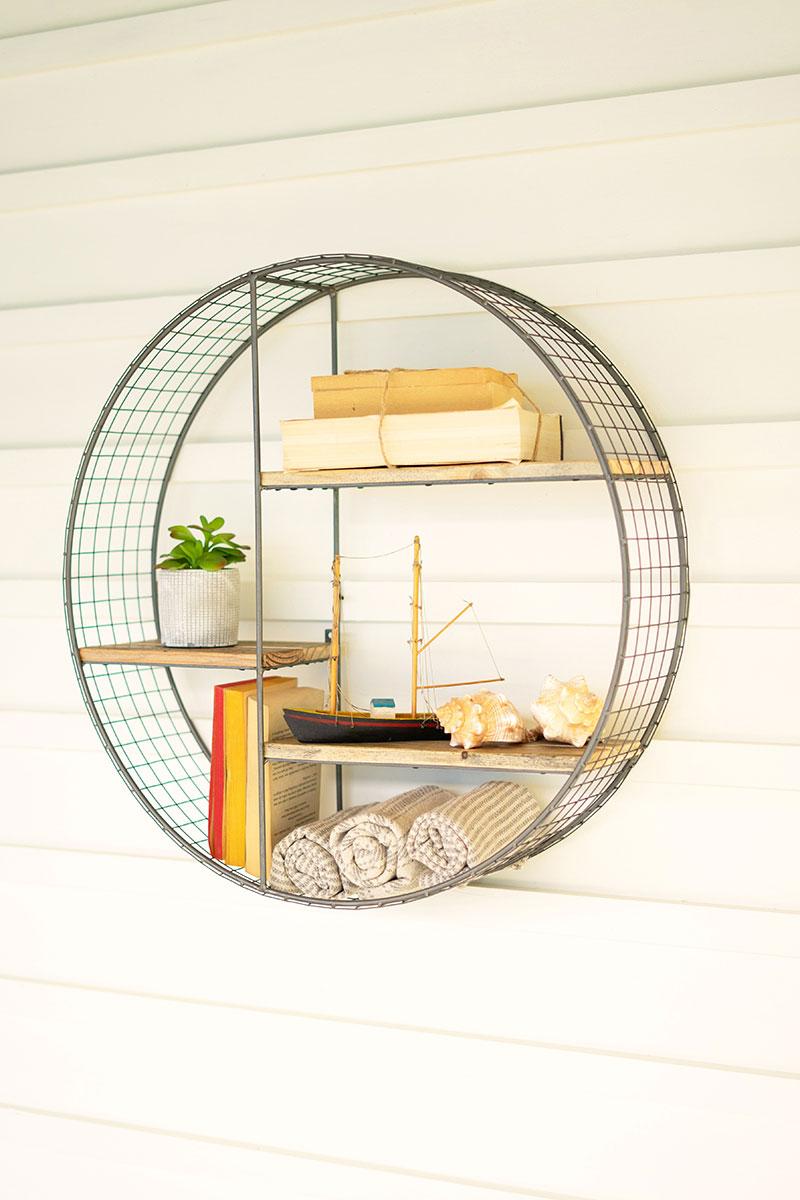 ROUND WIRE MESH AND RECYCLED WOOD SHELVING UNIT