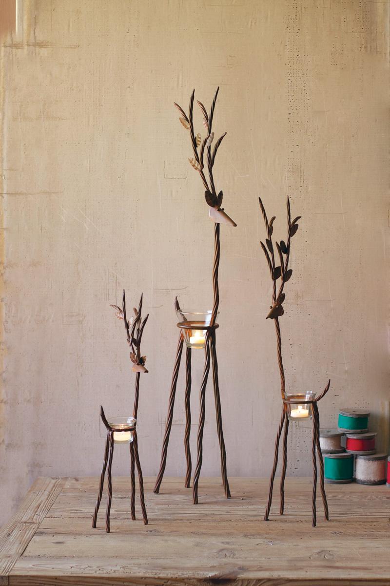 SET OF THREE RUSTIC IRON REINDEER WITH TEALIGHT CUPS