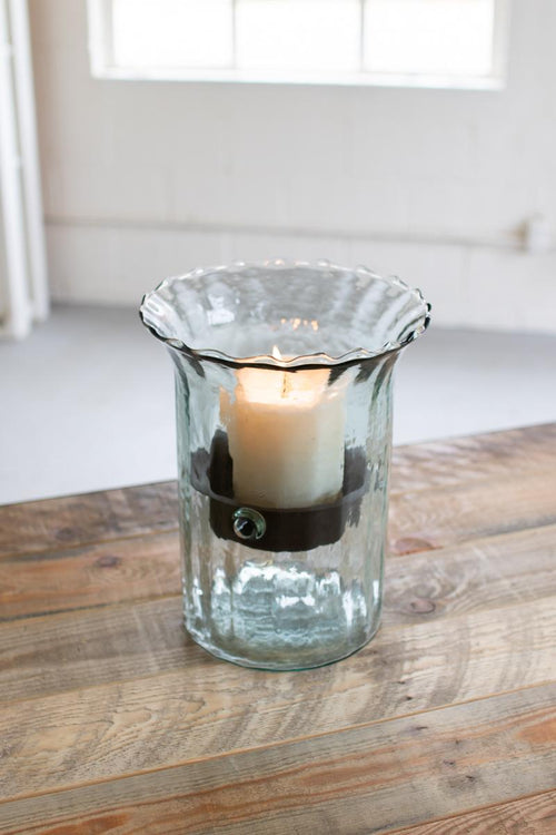 RIBBED GLASS CANDLE CYLINDER W RUSTIC INSERT - SMALL