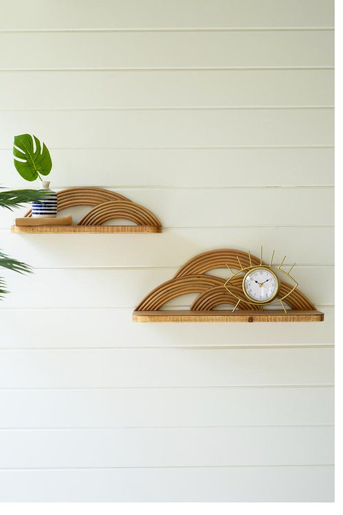 SET OF TWO WOODEN WALL SHELVES WITH ARCHED CANE DETAIL