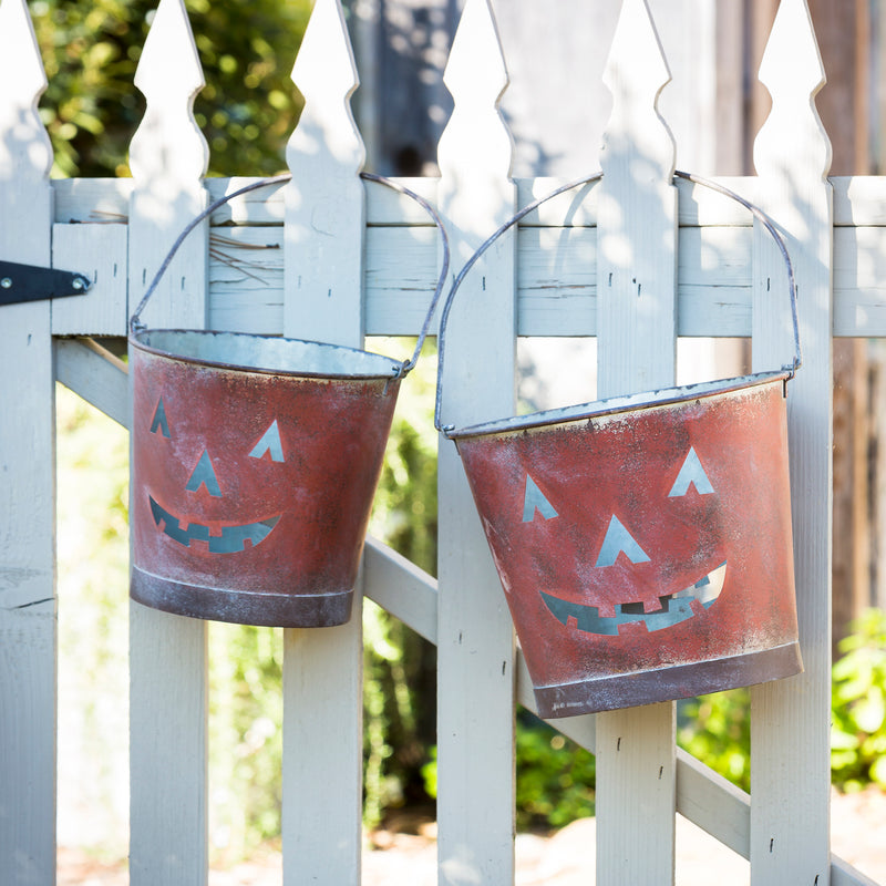 Painted Metal Jack O Lantern Buckets Set of 2
