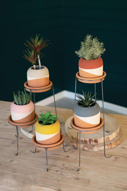 SET OF FIVE COLOR DIPPED CLAY POTS WITH METAL BASES