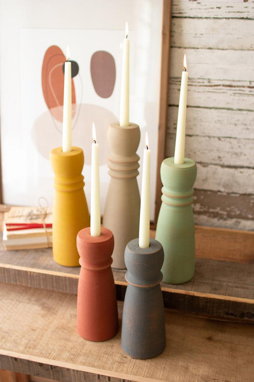 SET OF FIVE COLORFUL CLAY TAPER HOLDERS