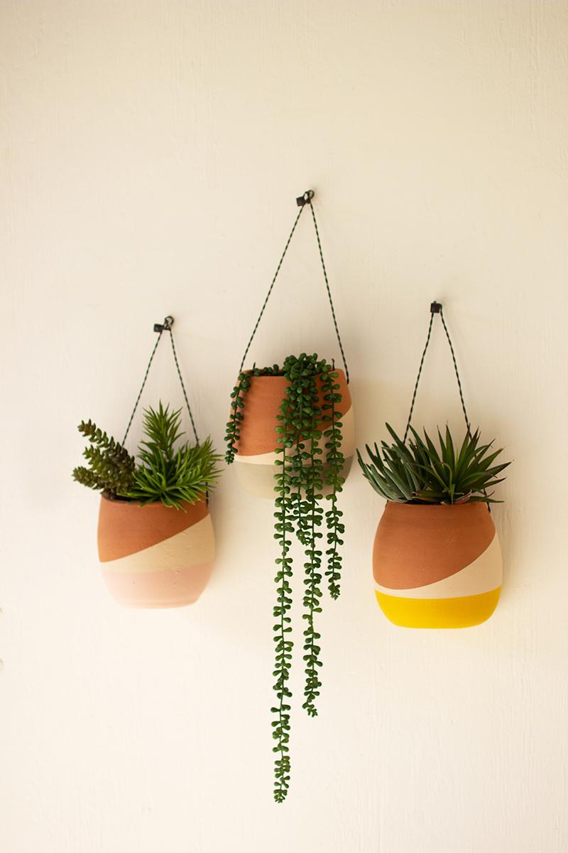 SET OF THREE CLAY WALL POCKET PLANTERS WITH WIRE HANGERS