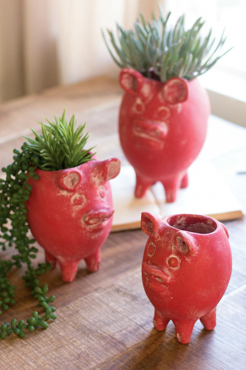 SET OF THREE RED TALL CLAY PIG PLANTERS