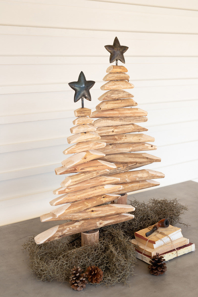 Recycled Wood Trees with Metal Stars, Set of 2