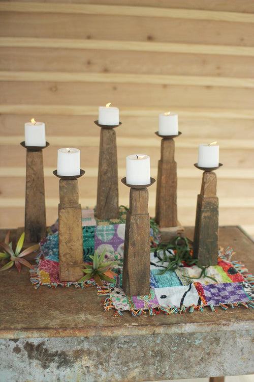 SET OF SIX REPURPOSED WOODEN FURNITURE LEG CANDLE HOLDERS