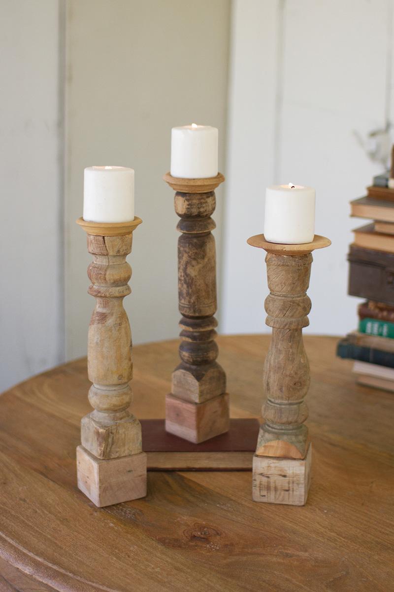 SET OF THREE ASST WOODEN RECLAIMED BANISTER CANDLE STAND
