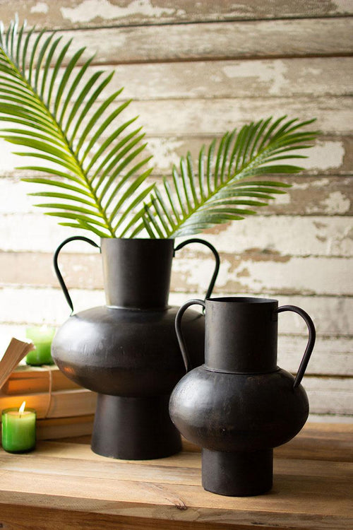 SET OF TWO METAL URNS WITH HANDLES - WAXED BLACK