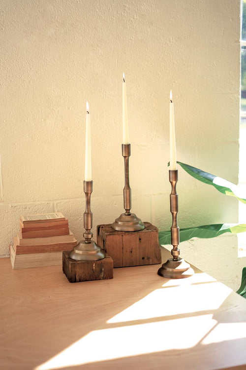 SET OF THREE METAL TAPER CANDLE STANDS - ANTIQUE BRASS