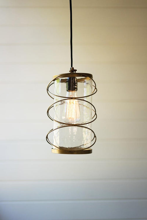 GLASS CYLINDER PENDANT LIGHT WITH ANTIQUE BRASS DETAIL