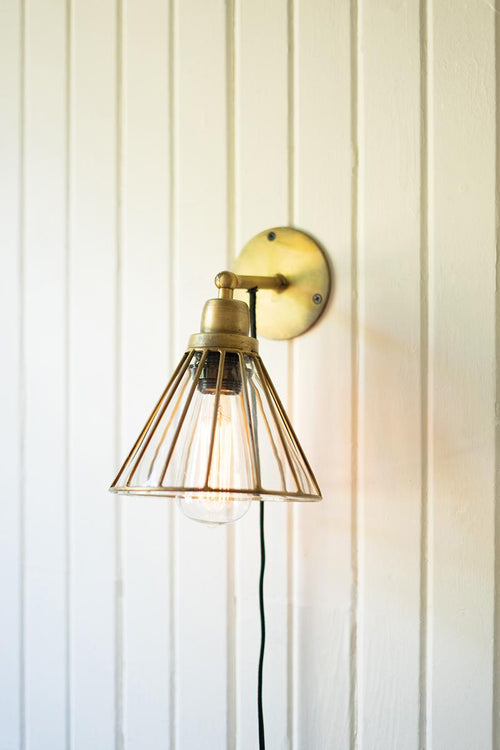 ANTIQUE BRASS WALL LAMP WITH CAGED GLASS SHADE