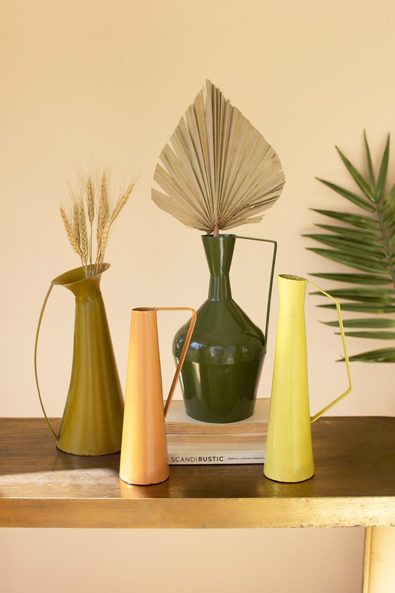 SET OF FOUR PAINTED METAL VASES WITH HANDLES