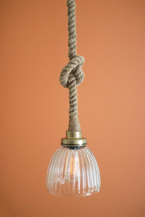 CLEAR FLUTED GLASS ANTIQUE BRASS PENDANT LIGHT WITH ROPE