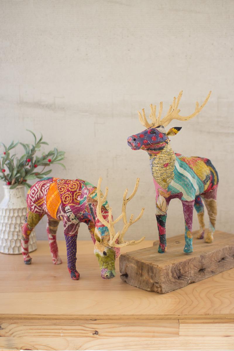 SET OF TWO KANTHA COVERED TABLE TOP REINDEER