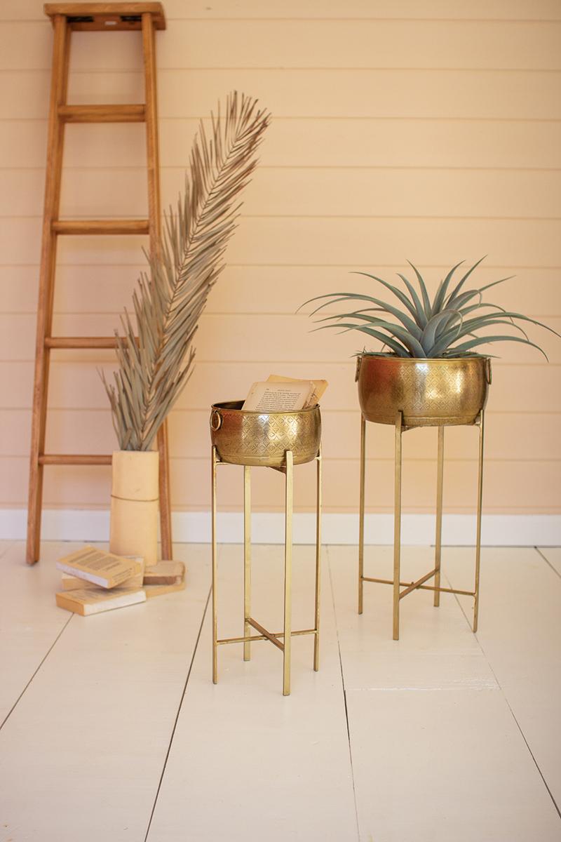 SET OF TWO BRASS FINISH PLANTERS WITH STANDS