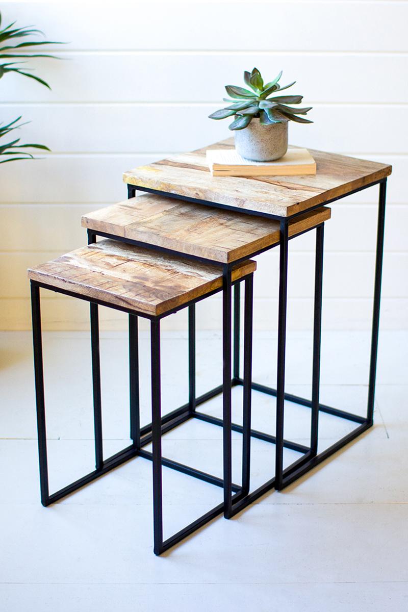 SET OF THREE NESTING SQUARE WOOD AND IRON SIDE TABLES