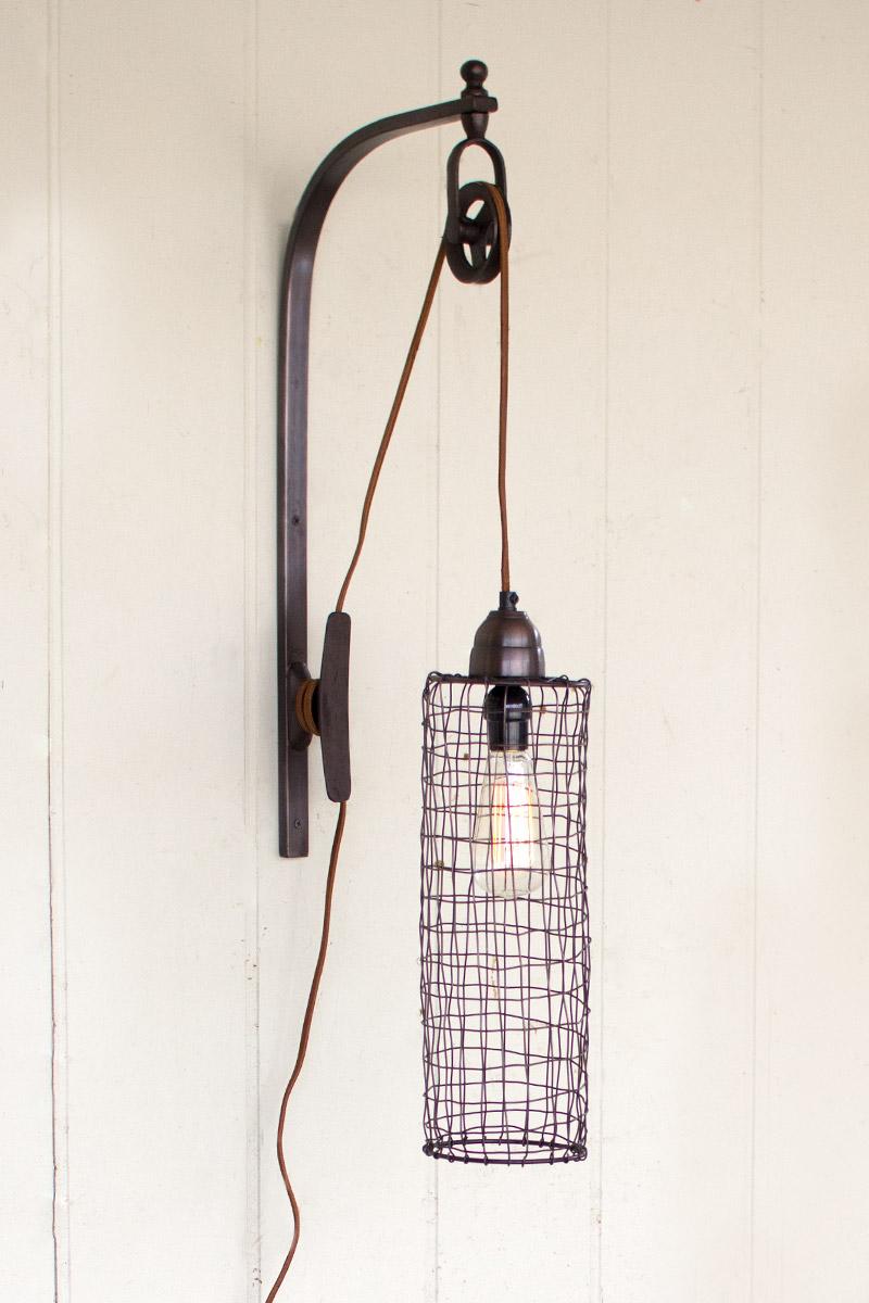WIRE CYLINDER WALL LAMP WITH PULLEY